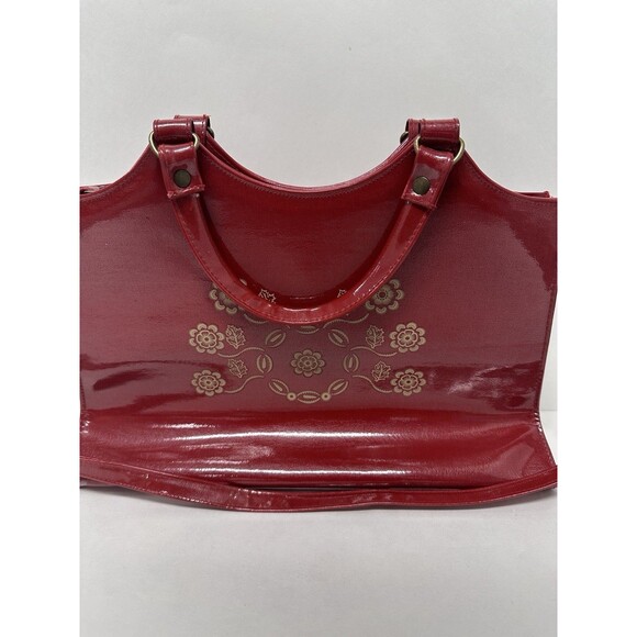 Vintage 80s Victory Red Patent Leather Hand Bag Satchel Floral Purse 14" x 8.5" - Picture 2 of 6